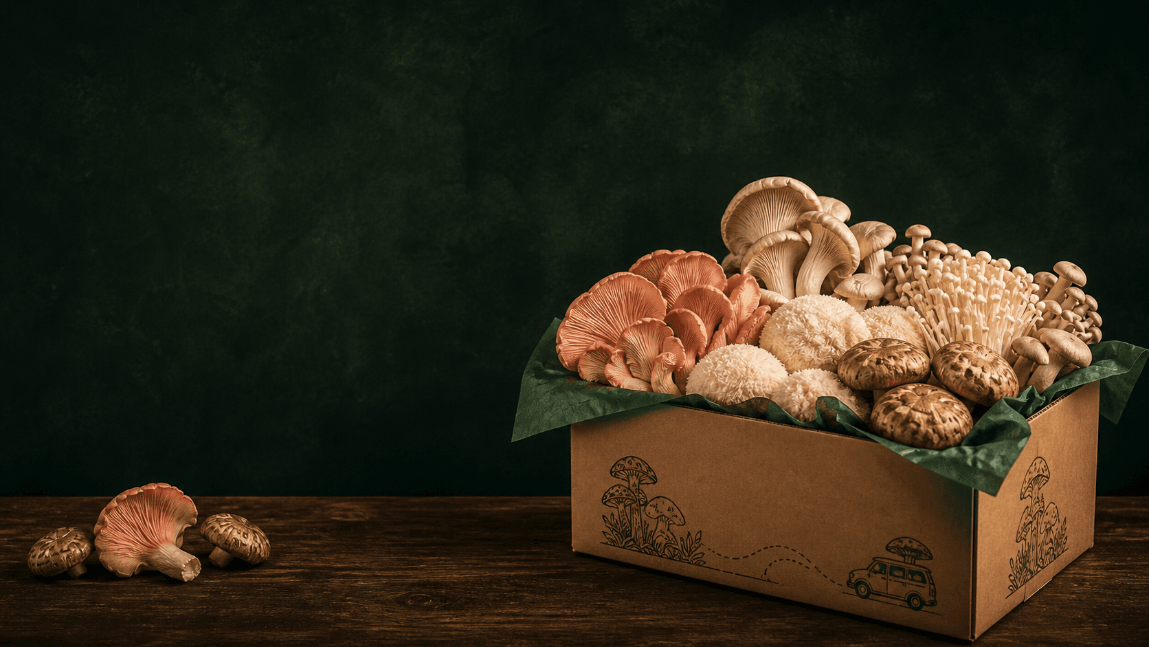 A cardboard Mushroom Van-style market box filled with gourmet mushrooms on a dark wooden table